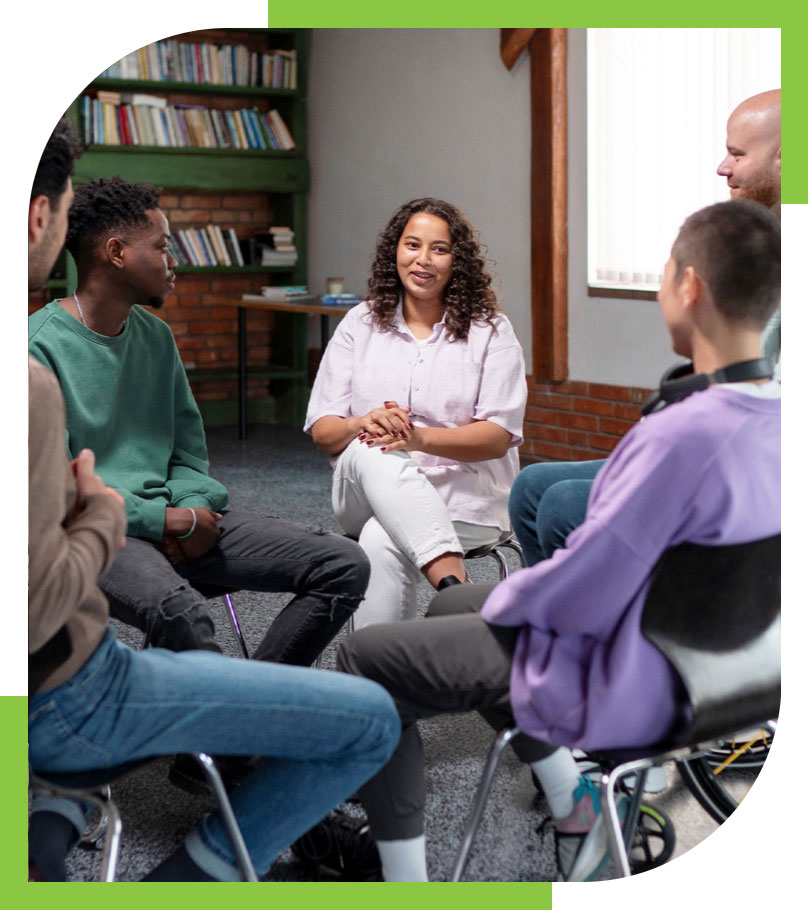 Group of peers listen their friend talks